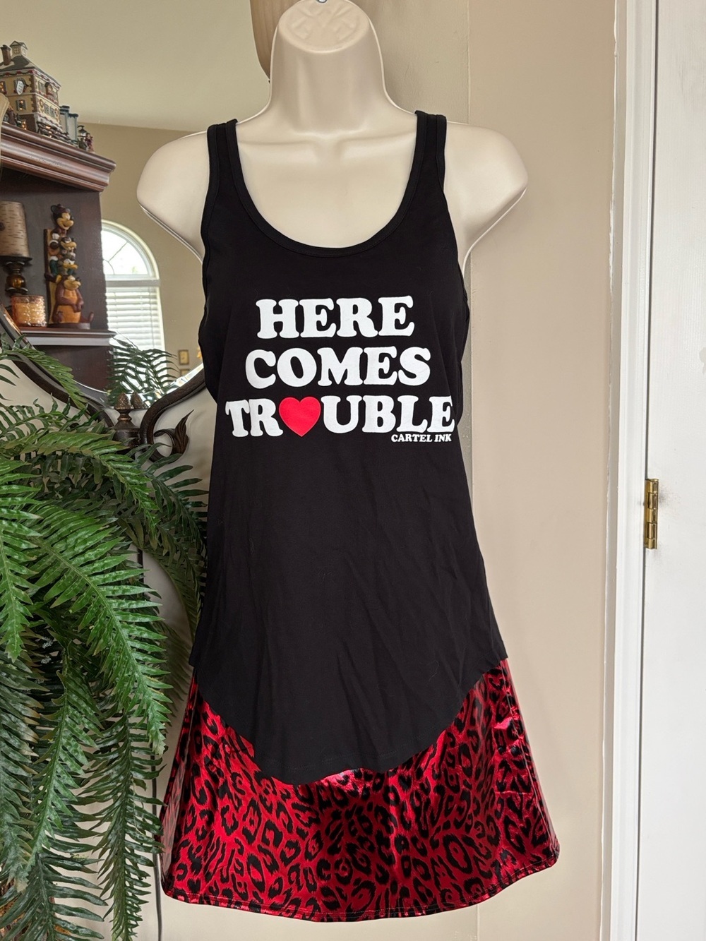Cartel Ink Here Comes Trouble Black Racerback Tank Top & Red Leopard Mini Skirt